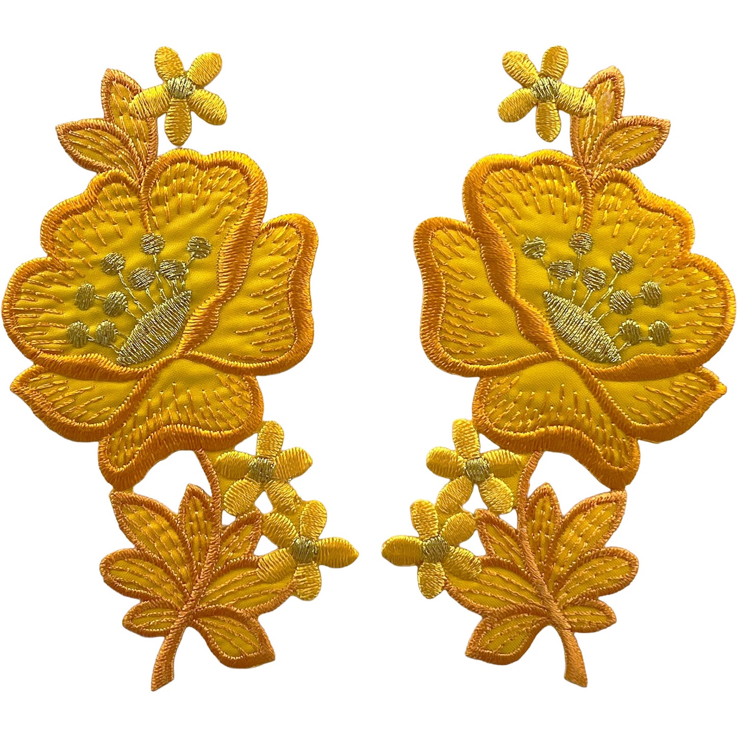 Pair of Orange Yellow Gold Flower Patches Iron Sew On Flowers Embroidered Patch