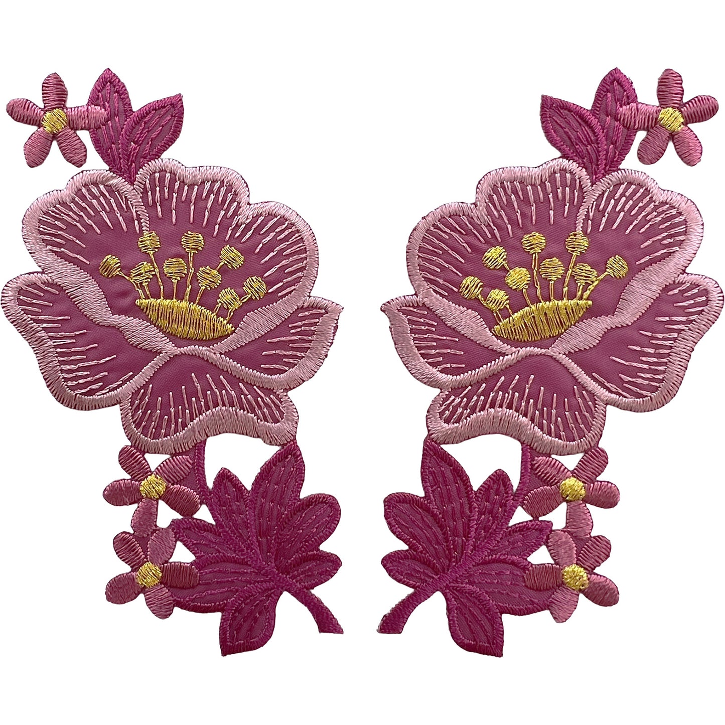 Pair of Pink Gold Flower Patches Iron Sew On Shirt Dress Bag Flowers Patch Badge