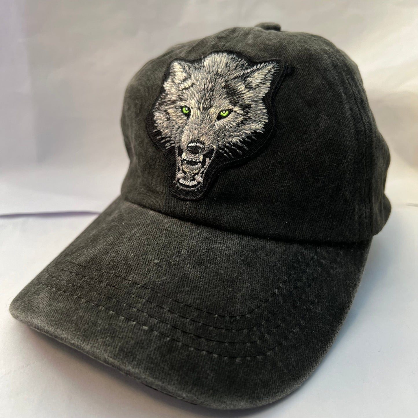 Black Baseball Hat Grey Wolf Embroidered Patch on Cap one size