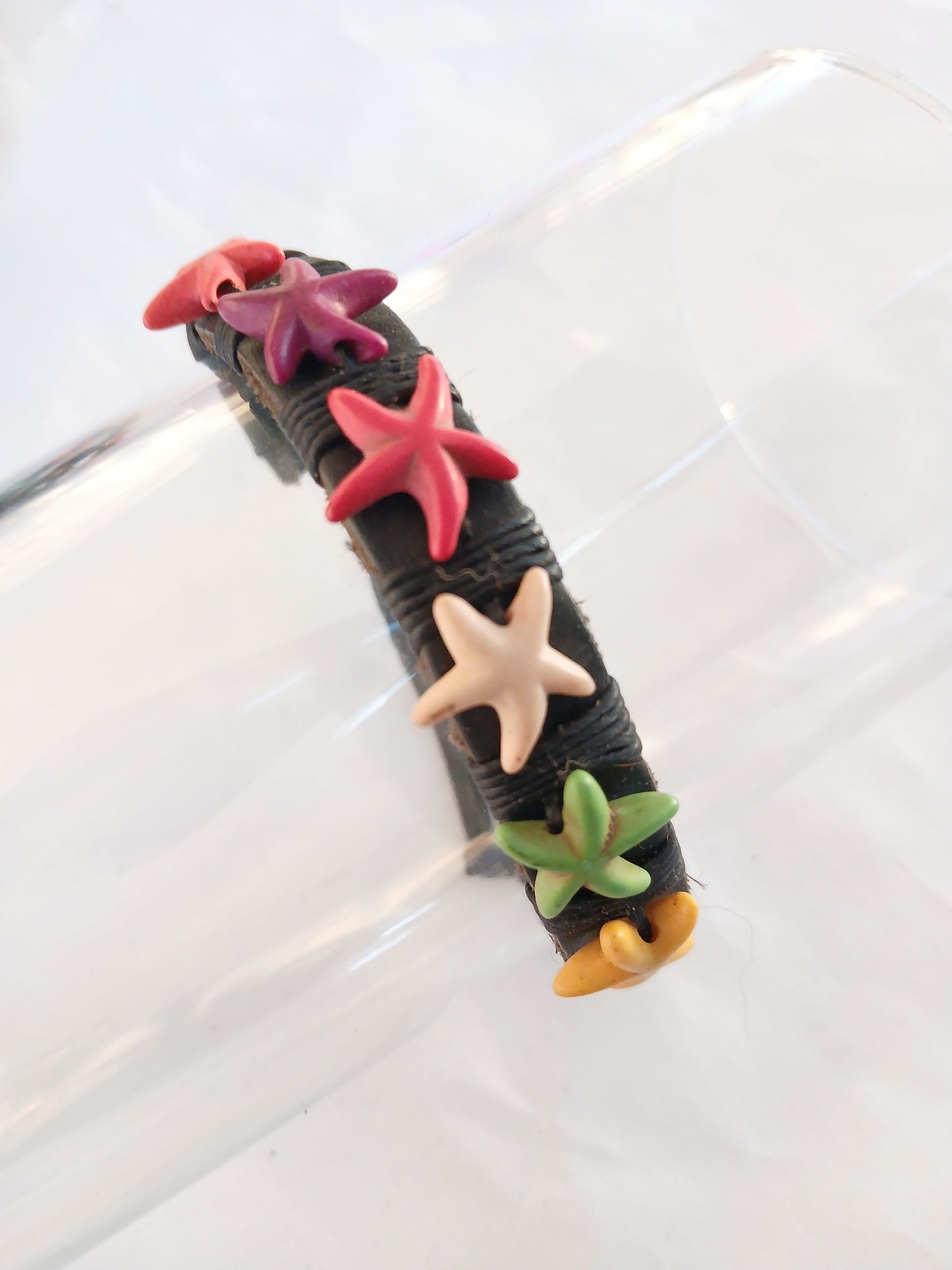 Black leather bracelet with colourful star charm handmade wristband jewellery for unisex