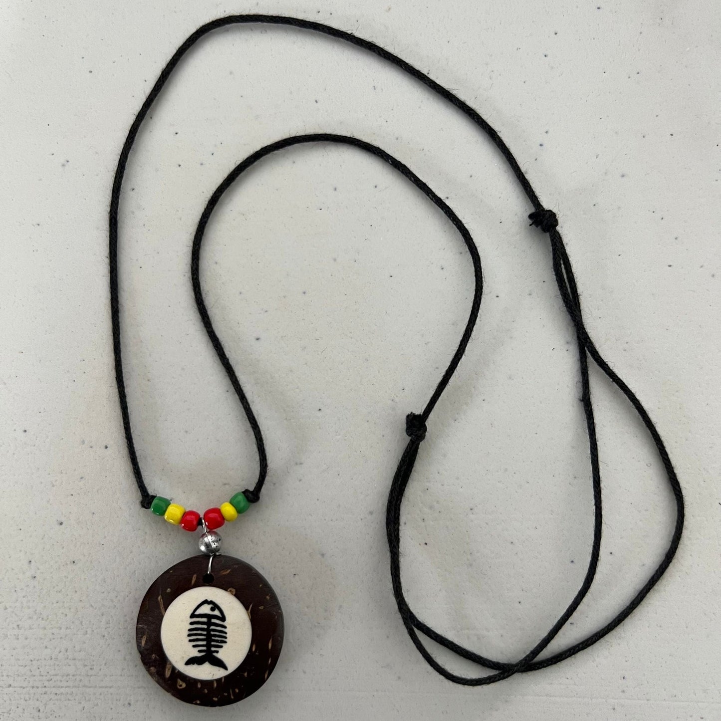 Brown Coconut Wood Fish Bone Fishing Pendant Necklace Black Cord Choker Chain