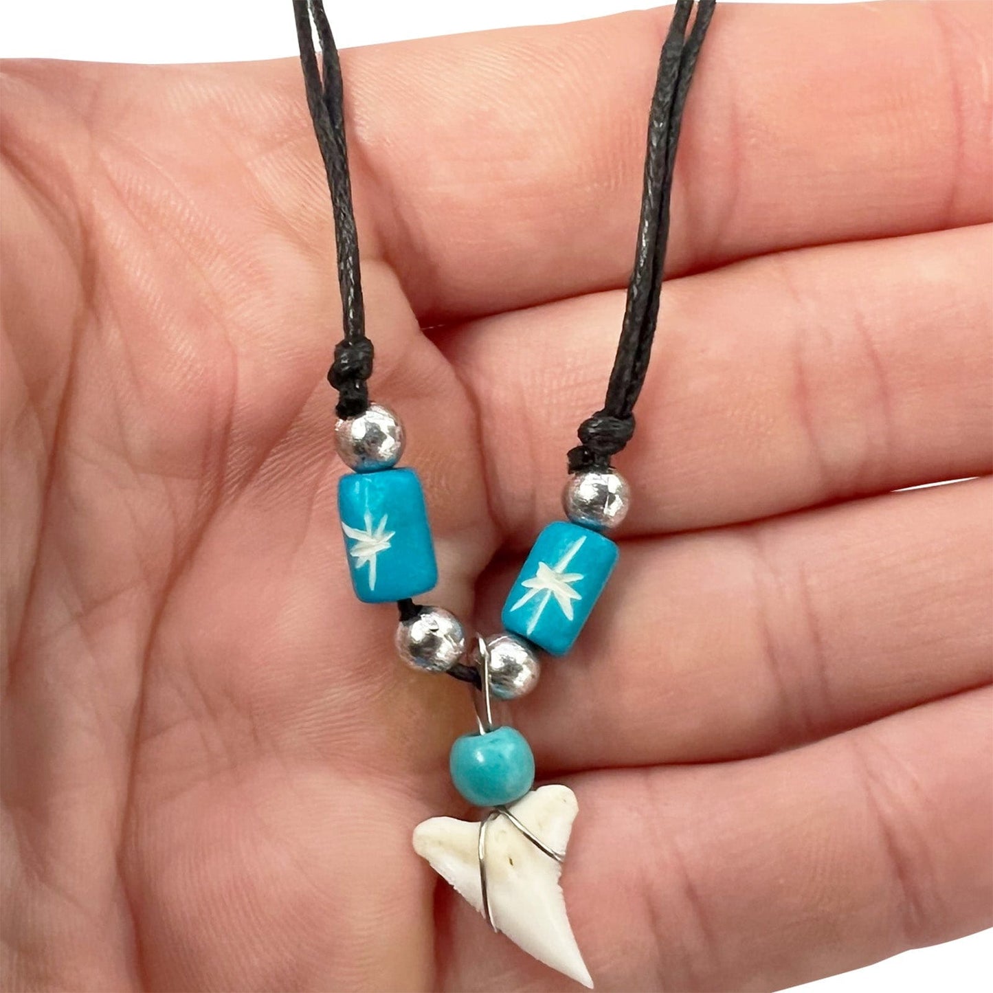 Imitation Resin Shark Tooth Pendant Necklace Wooden Beads Chain Mens Womens Childrens Jewellery