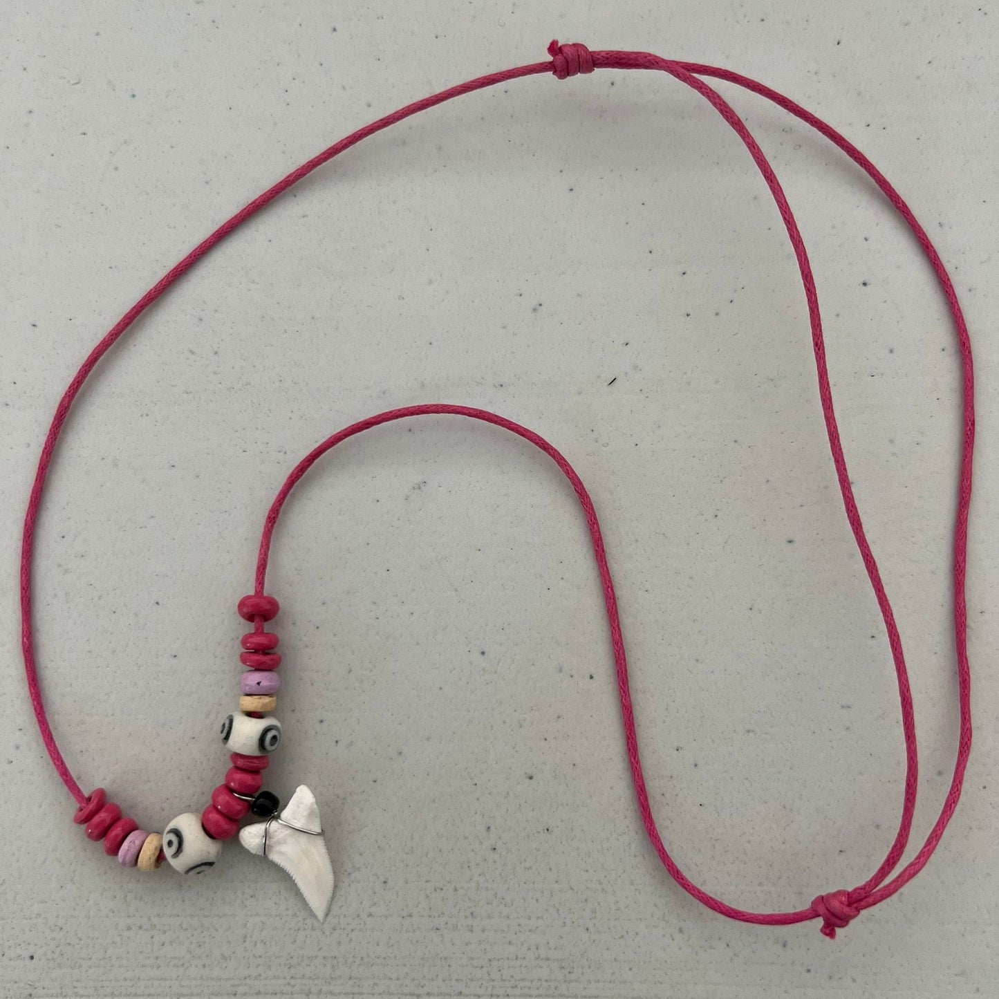 Pink Cord Chain Shark Tooth Pendant Necklace Wood Beads Womens Girls Jewellery