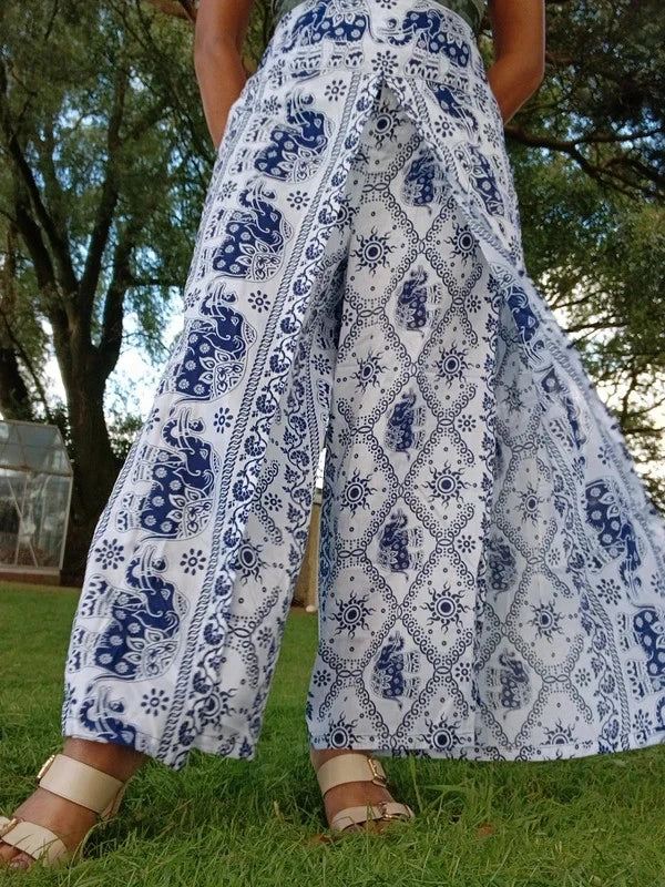 Navy Blue White Thai Elephant Womens Wrap Trousers Hippie Harem Festival Boho Pants