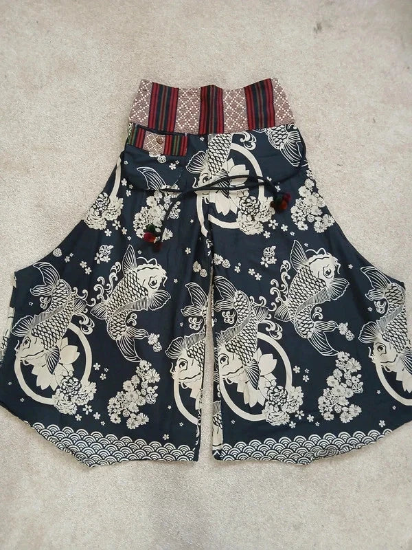 Black Koi Fish Print Palazzo Harem Pants Wide Leg Split Skirt Hippie Trousers