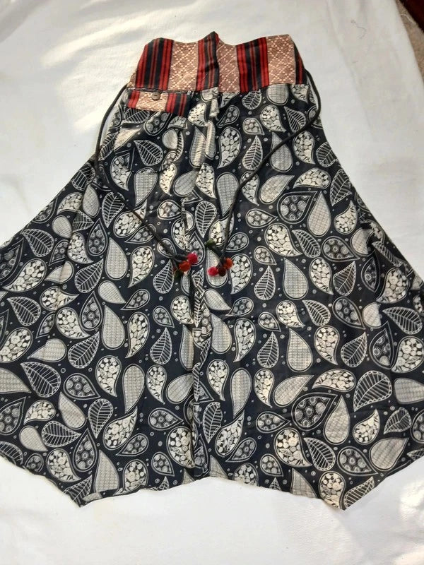 Black Paisley Leaf Flowers Wide Leg Boho Harem Pants Hippie Yoga Thai Japanese Trousers