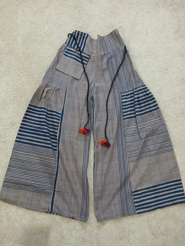 Beige Navy Patch Striped Palazzo Hippie Wide Leg Trousers Boho Harem Baggy Pants