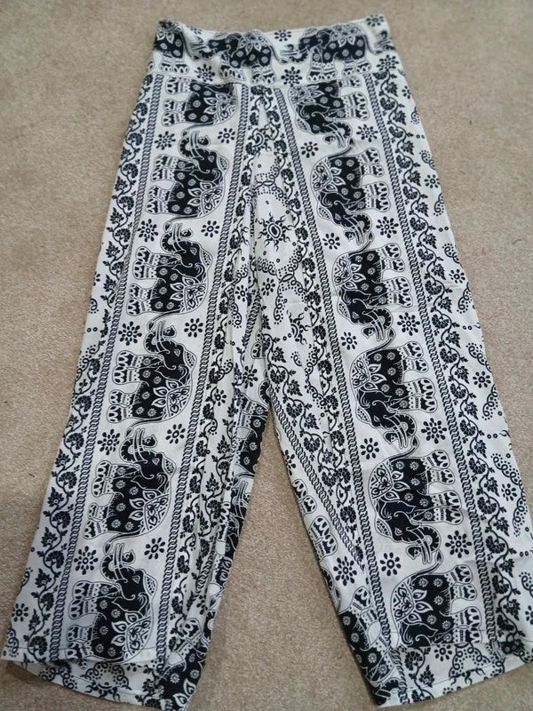Black White Thai Elephant Hippie Harem Boho Pants Wrap Around Festival Trousers
