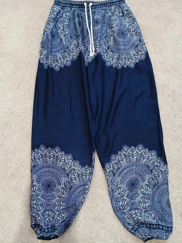 Navy Blue Bohemian Flower Printed Hippie Floral Harem Baggy Pants Yoga Trousers