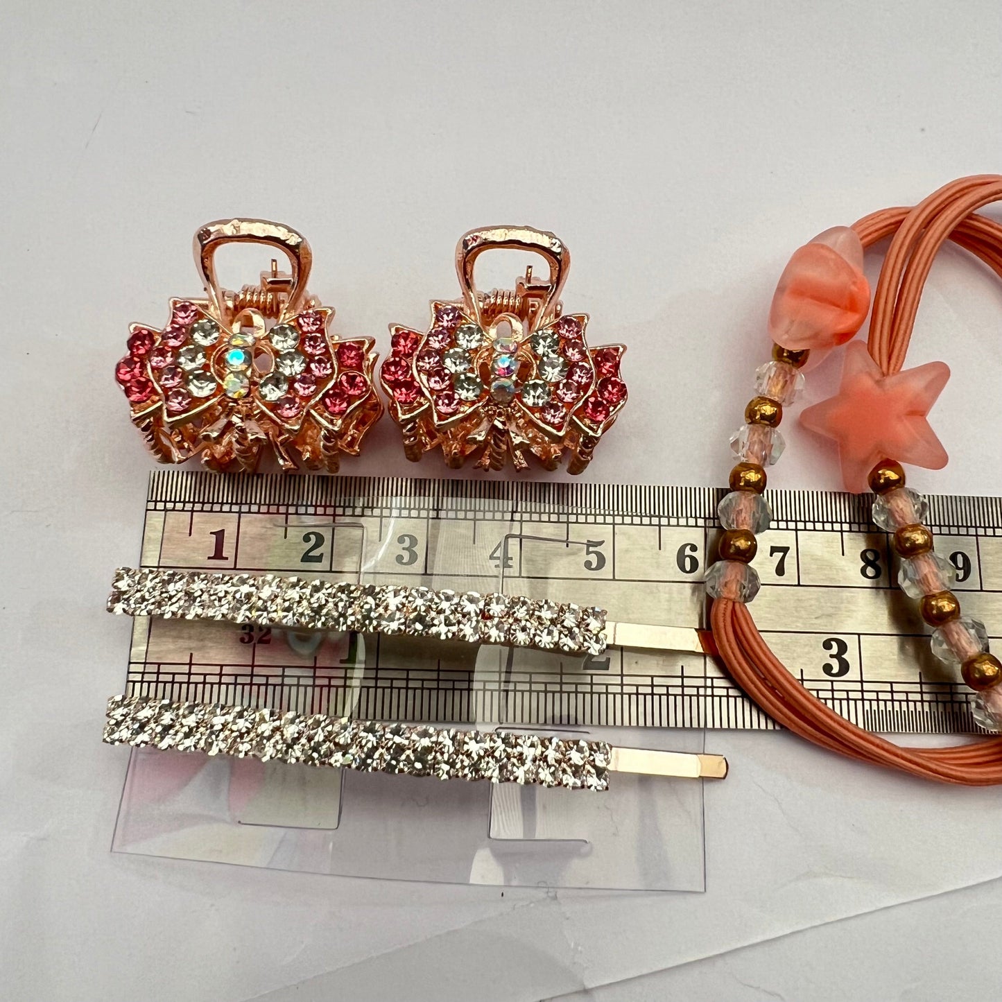 Set of Hair Accessories Pink rose Hair Tie Crystals Hair Clip Crystals Hair Claw