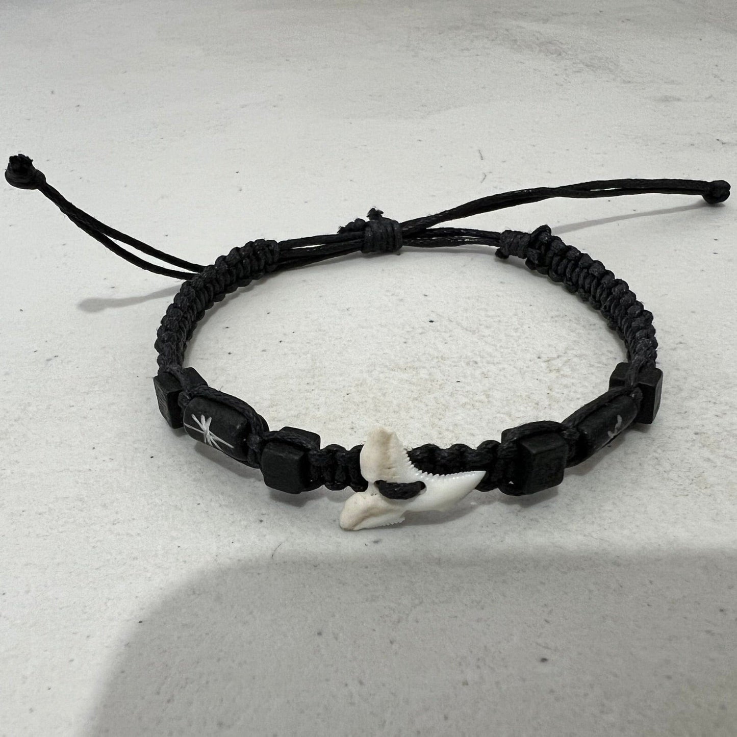 Shark Tooth Black Cotton Bracelet Wristband Bangle Mens Womens Ladies Jewellery