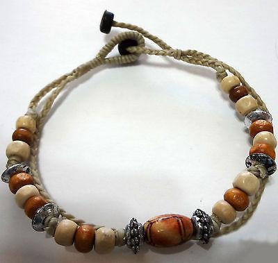 Beige Bracelet Wristband Bangle Wood Beaded Cord Beach Sun Surfer Male Jewellery Beige Bracelet Wristband Bangle Wood Beaded Cord Beach Sun Surfer Male Jewellery