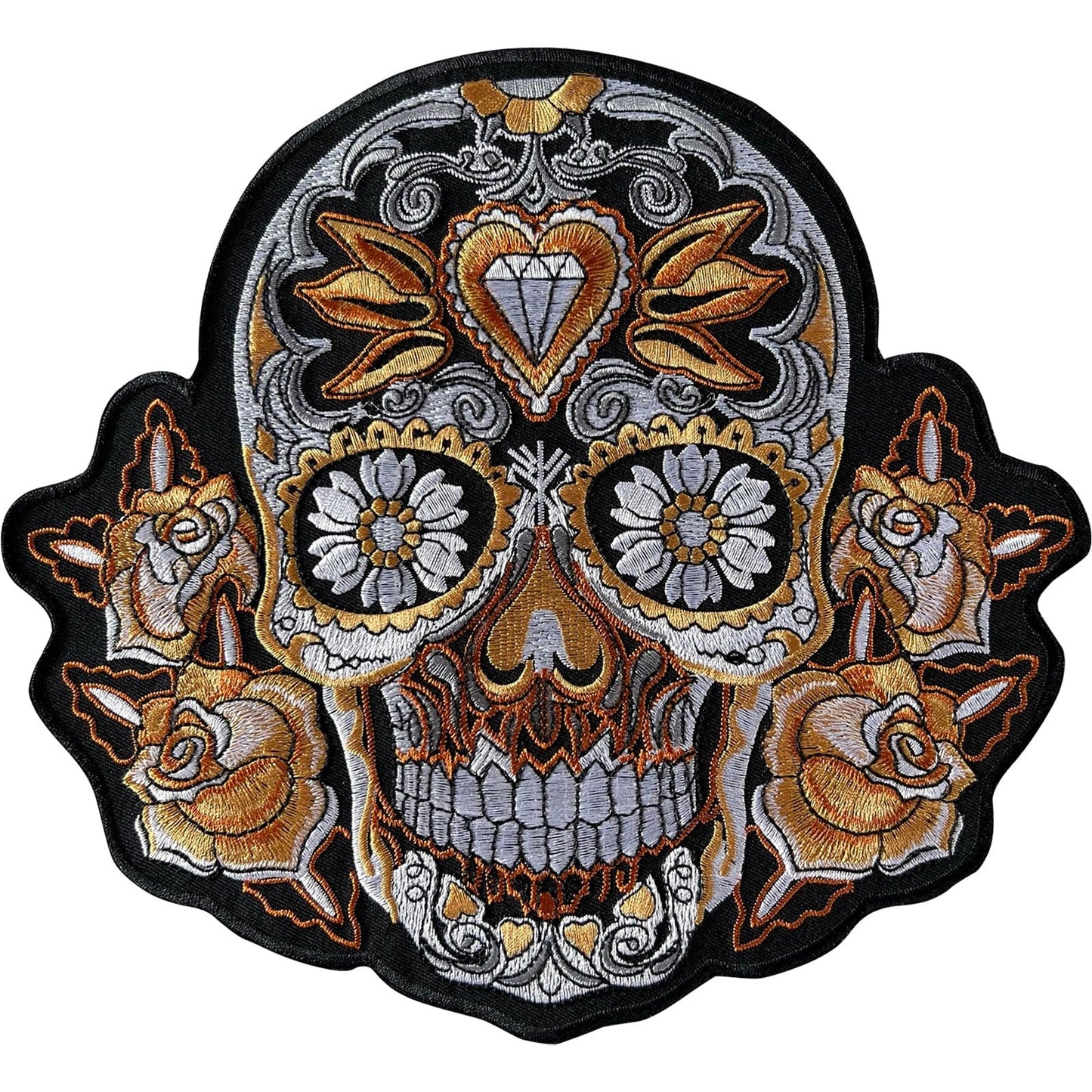 Big Large Gold Flower Sugar Skull Patch Badge Iron On Sew On Cloth Denim Leather