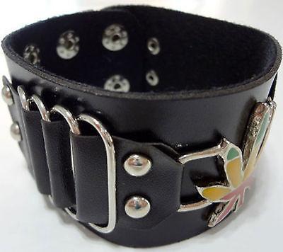 Black Leather Biker Rasta Cannabis Leaf Bracelet Wristband Bangle Mens Ladies