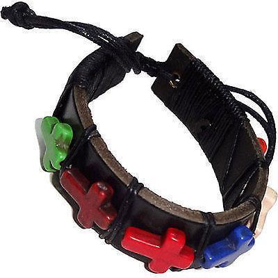 Black Leather Multi Coloured Religious Crucifix Cross Bracelet Wristband Bangle