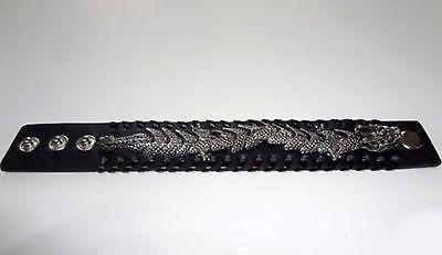 Black Leather Silver Colour Dragon Bracelet Wristband Bangle Mens Womens Jewelry