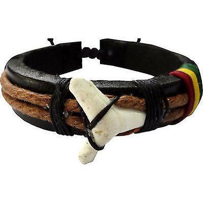Black Leather Shark Tooth Rasta Bracelet Wristband Bangle Mens Womens Jewellery