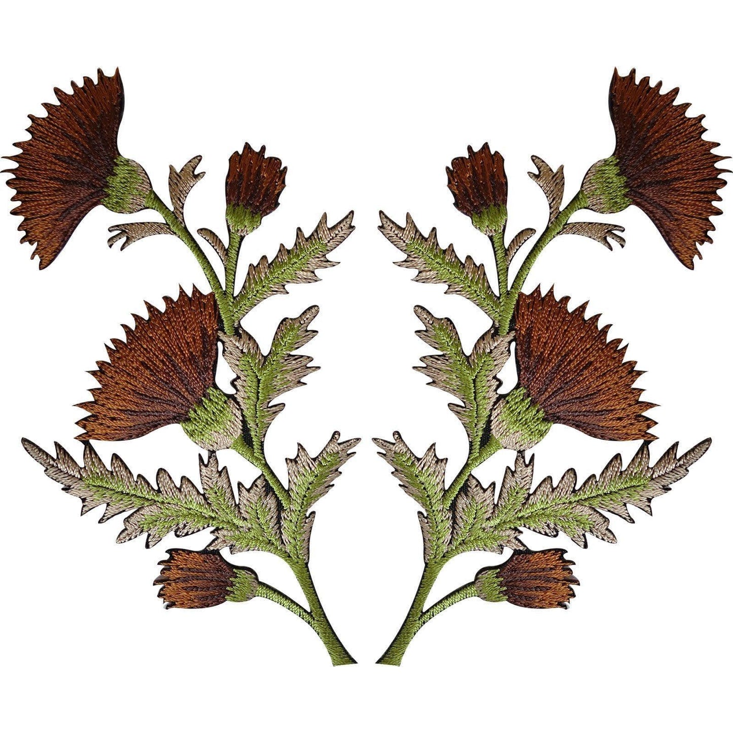 Pair of Brown Thistle Flower Patches Iron Sew On Embroidered Patch Badge Flowers