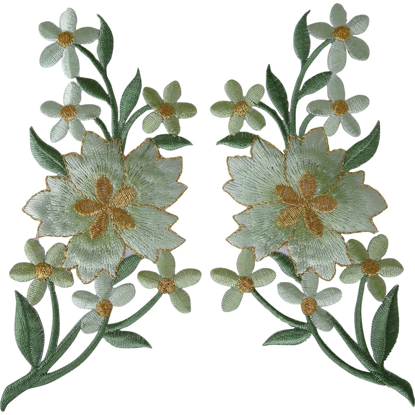 Pair of Green Flower Patches Iron Sew On Jeans Flowers Embroidered Patch Badge