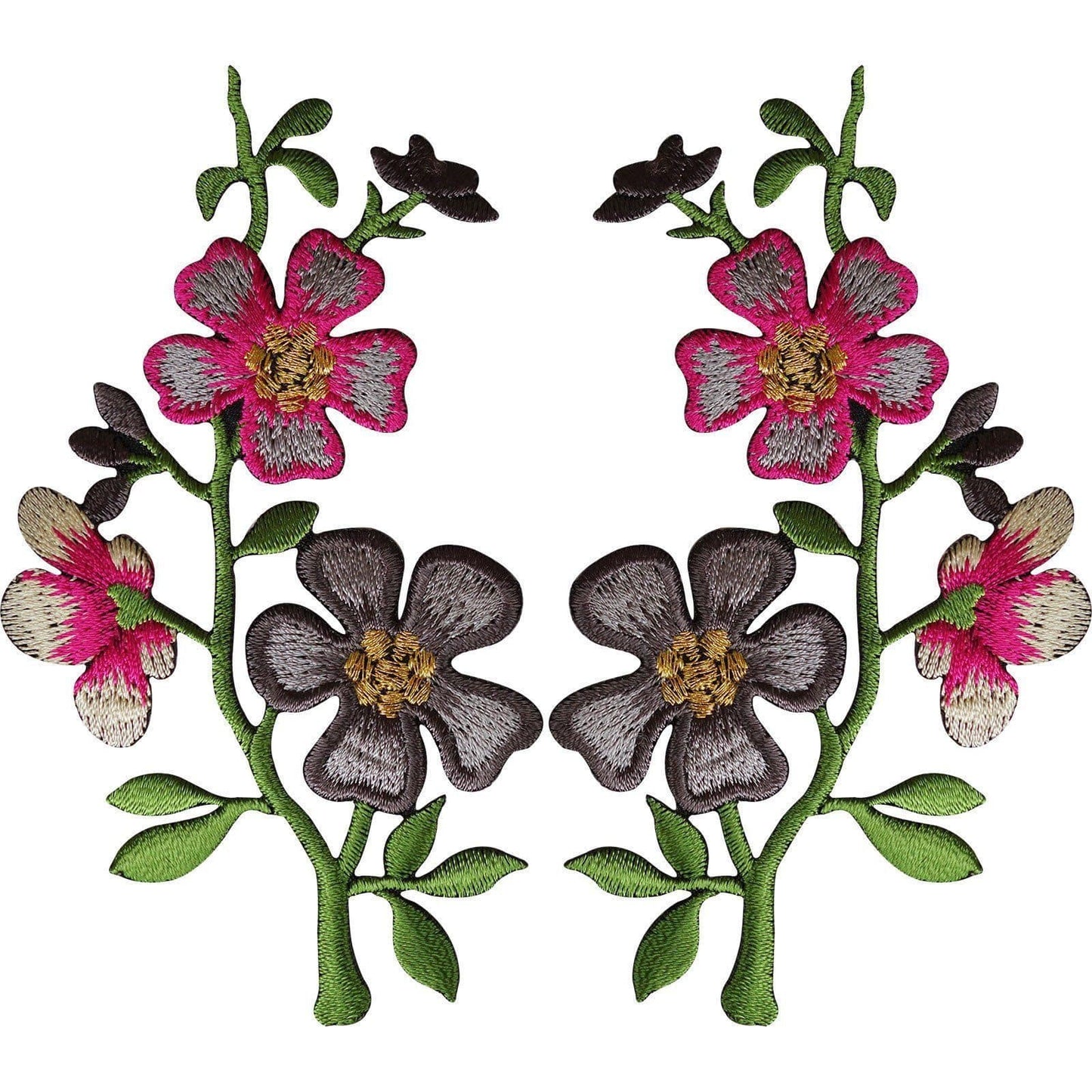 Pair of Pink Grey Flower Patches Iron On Sew On Flowers Embroidered Patch Badge