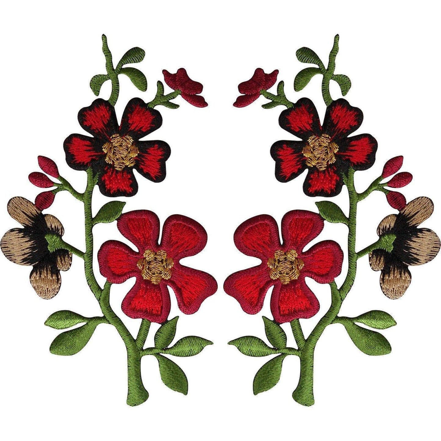 Pair of Red Black Flower Patches Iron On Sew On Flowers Embroidered Patch Badge