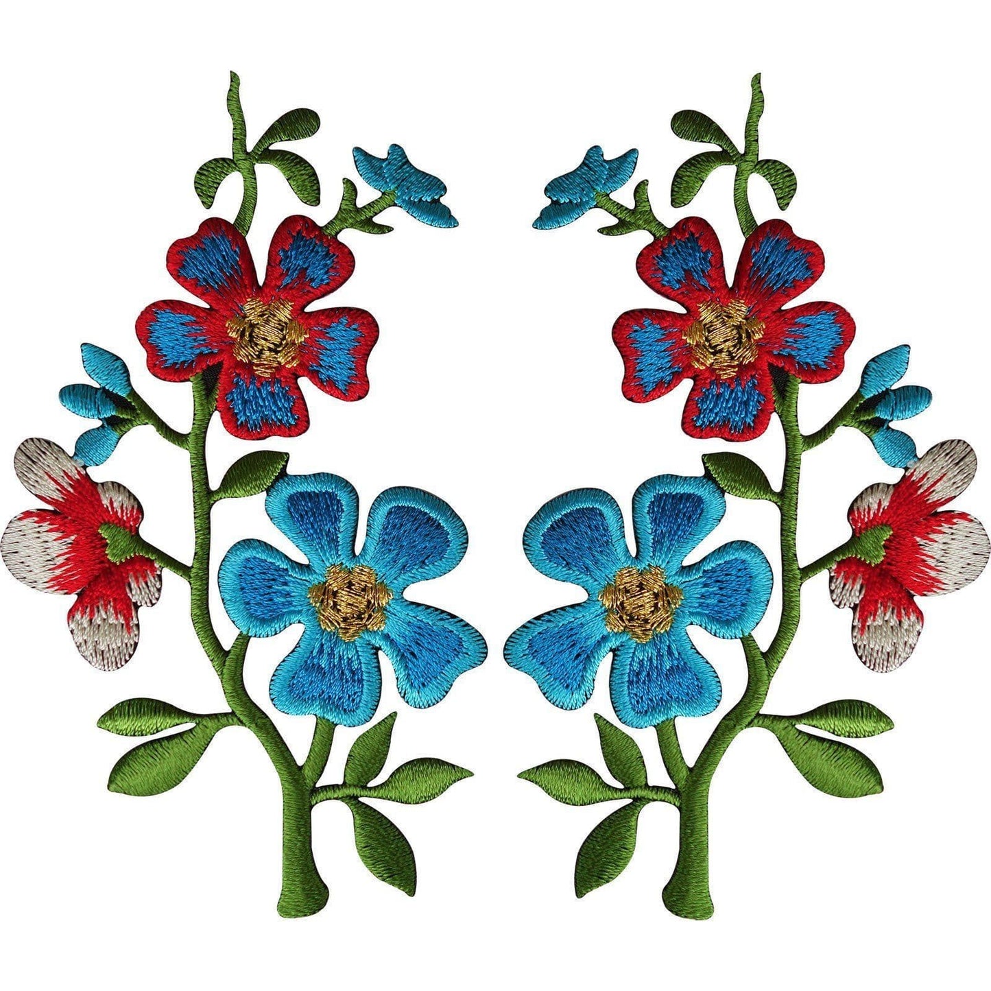 Pair of Red Blue Flower Patches Iron On Sew On Flowers Embroidered Patch Badge
