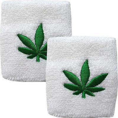 Pair of White Cannabis Leaf Wrist Sweatbands Wristbands Boxing Aerobics Running