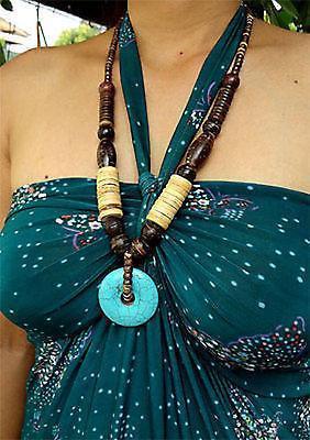 Turquoise Stone Wood Beads Pendant Chain Necklace Womens Ladies Girls Jewellery Turquoise Stone Wood Beads Pendant Chain Necklace Womens Ladies Girls Jewellery