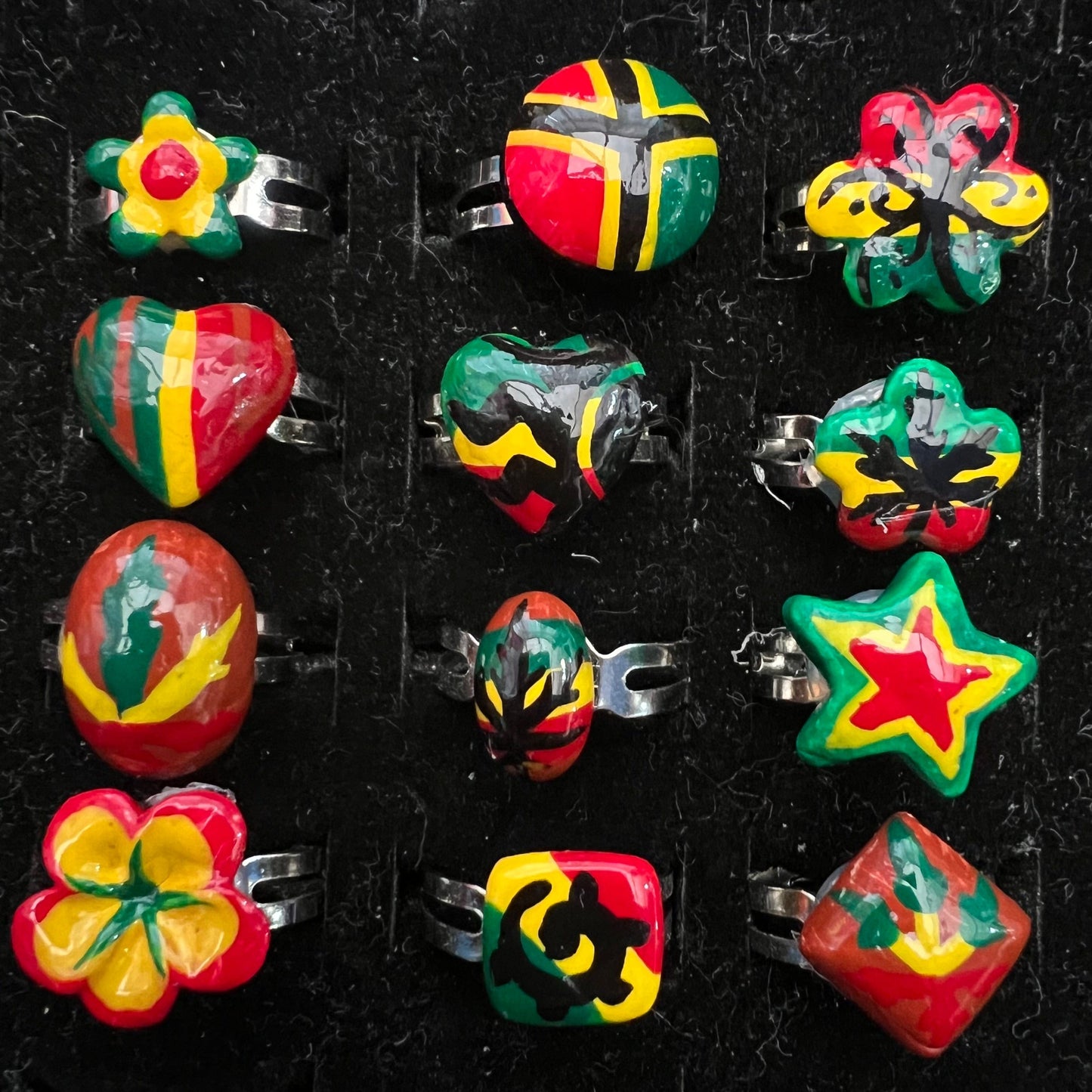 12x Heart weed star  flower Rasta painted Rings Adjustable rings