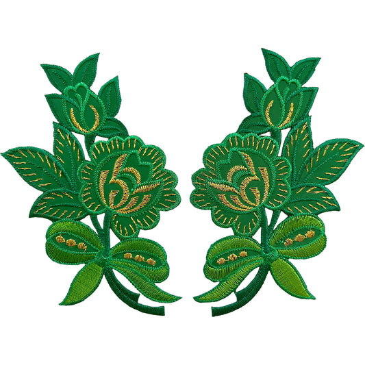Pair of Green Flower Patches Iron Sew On Clothes Crafts Bag Flowers Patch Badge