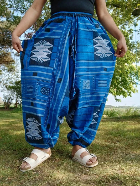 Handmade Mens Ladies Blue Cotton Harem Pants Summer Holiday Beach Yoga Trousers