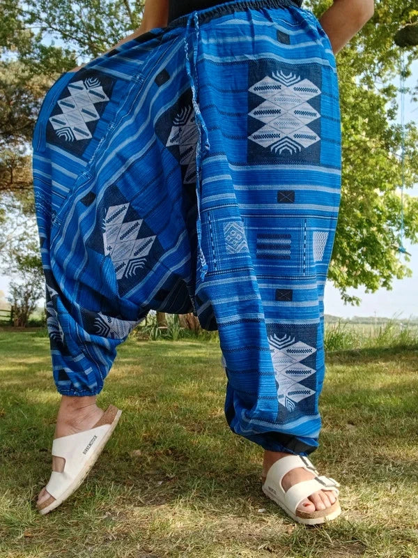 Handmade Mens Ladies Blue Cotton Harem Pants Summer Holiday Beach Yoga Trousers