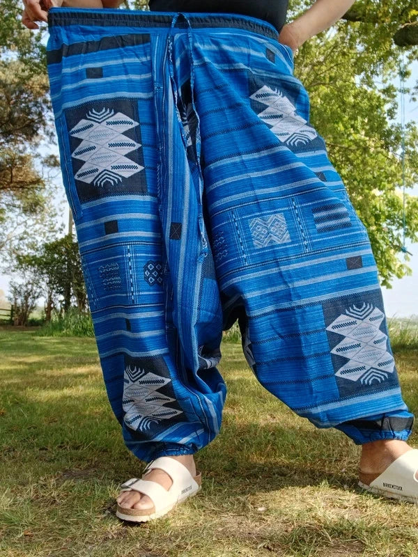 Handmade Mens Ladies Blue Cotton Harem Pants Summer Holiday Beach Yoga Trousers
