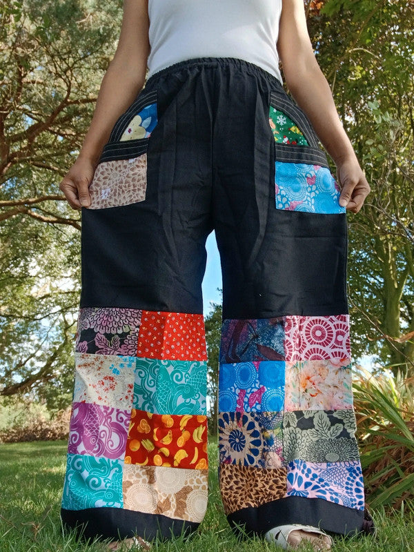 Handmade Black Multicolour Harem Pants Unique Random Patchwork Hippie Trousers