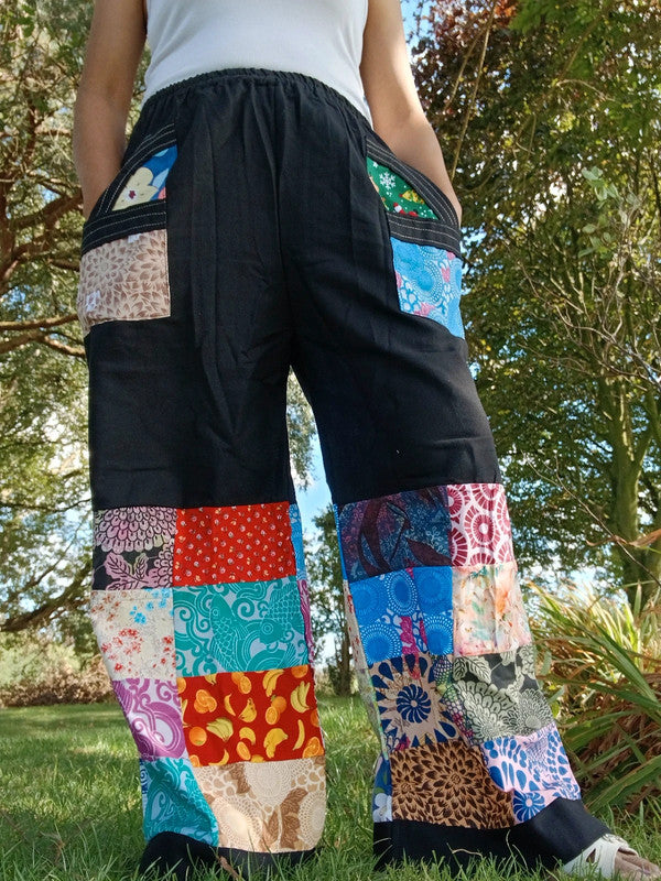 Handmade Black Multicolour Harem Pants Unique Random Patchwork Hippie Trousers