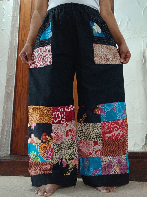 Handmade Black Multicolour Harem Pants Unique Random Patchwork Hippie Trousers