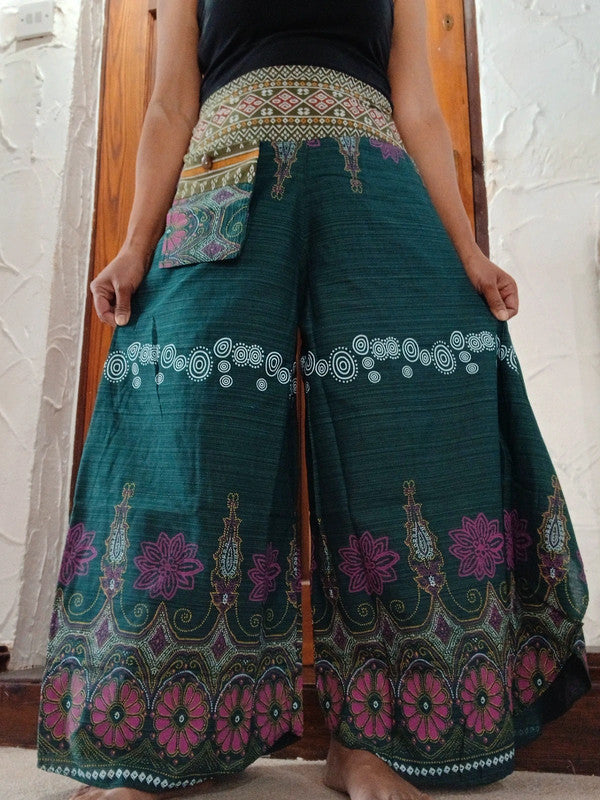 Dark Green Bohemian Flower Print Wide Leg Palazzo Harem Pants Hippie Trousers