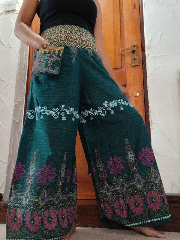 Dark Green Bohemian Flower Print Wide Leg Palazzo Harem Pants Hippie Trousers