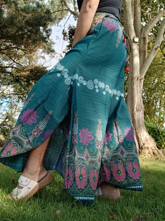 Dark Green Bohemian Flower Print Wide Leg Palazzo Harem Pants Hippie Trousers