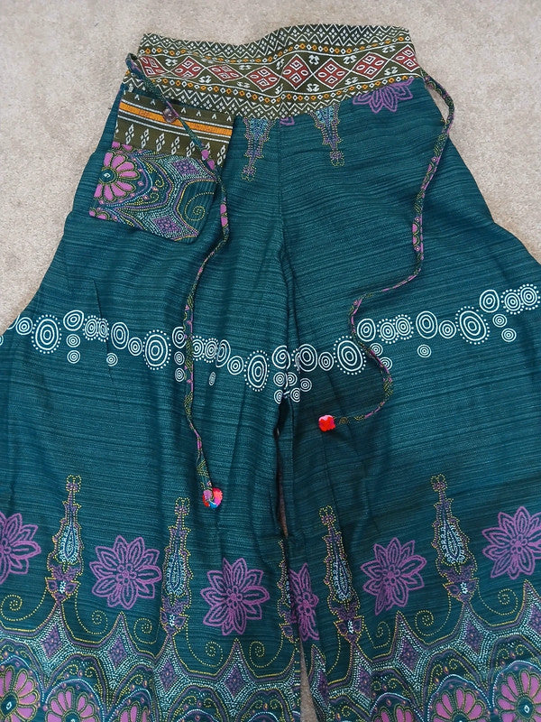 Dark Green Bohemian Flower Print Wide Leg Palazzo Harem Pants Hippie Trousers