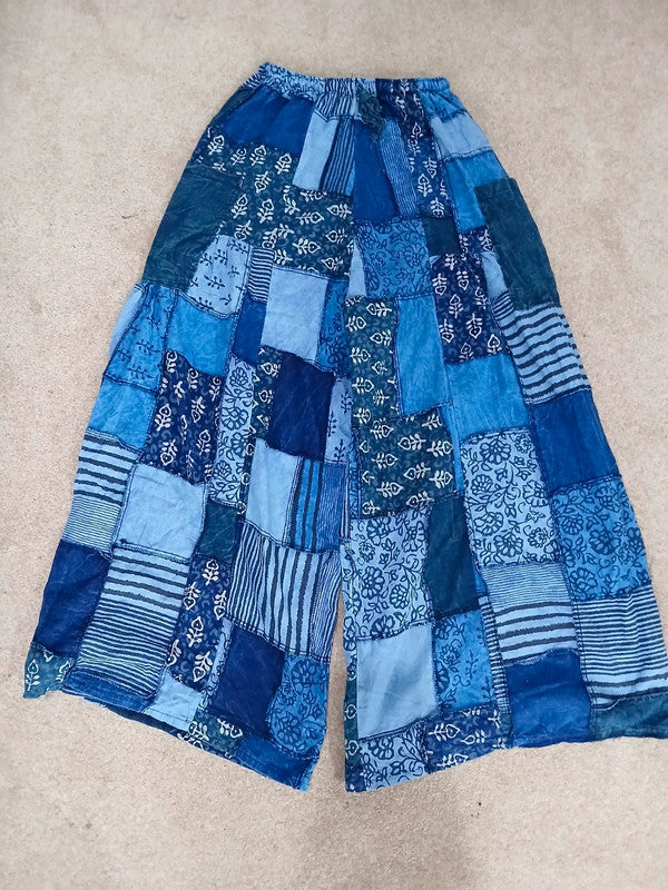 Handmade Blue Bohemian Random Floral Patchwork Hippie Harem Pants Trousers