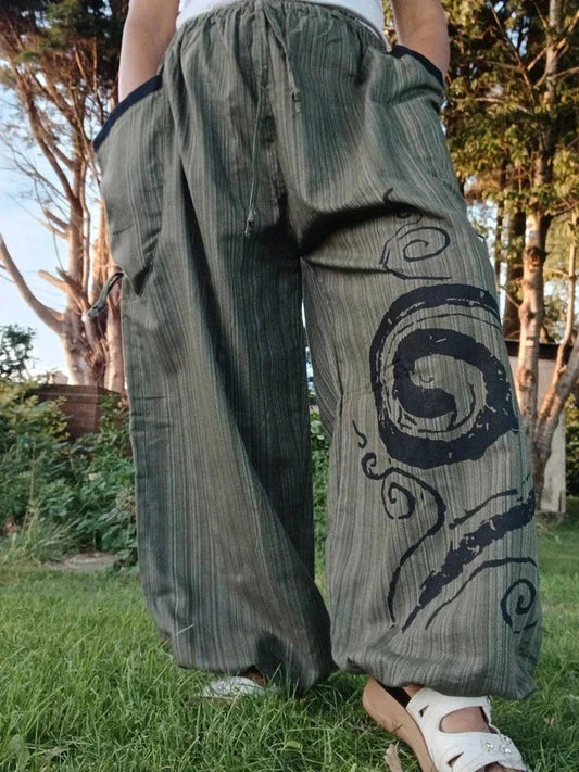 Green Black Harem Pants Wide Leg Baggy Yoga Hippie Summer Light Travel Trousers