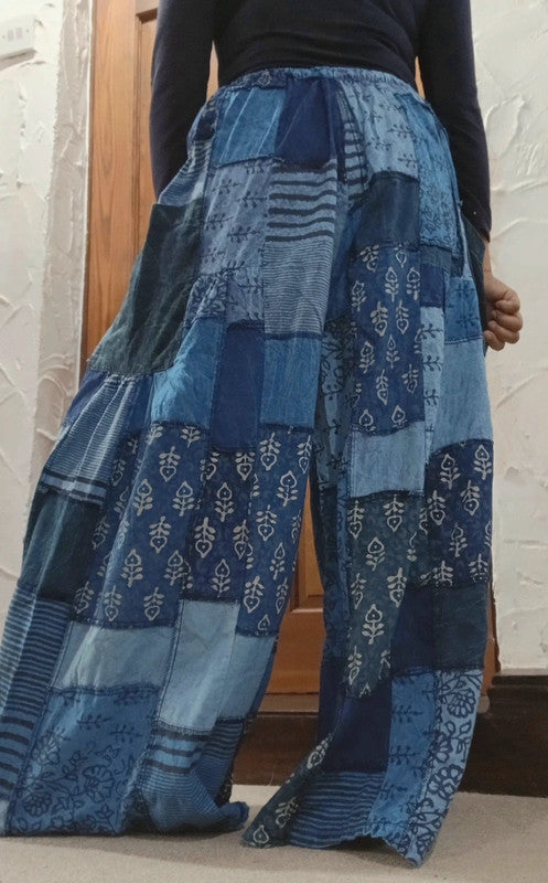 Handmade Blue Bohemian Random Floral Patchwork Hippie Harem Pants Trousers