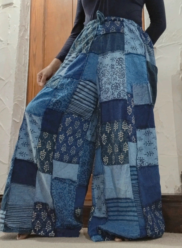 Handmade Blue Bohemian Random Floral Patchwork Hippie Harem Pants Trousers