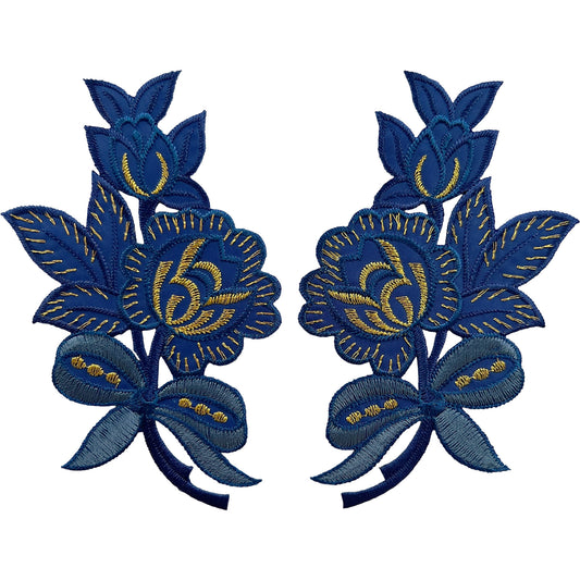Pair of Navy Blue Flower Patches Iron Sew On Clothes Crafts Flowers Patch Badge
