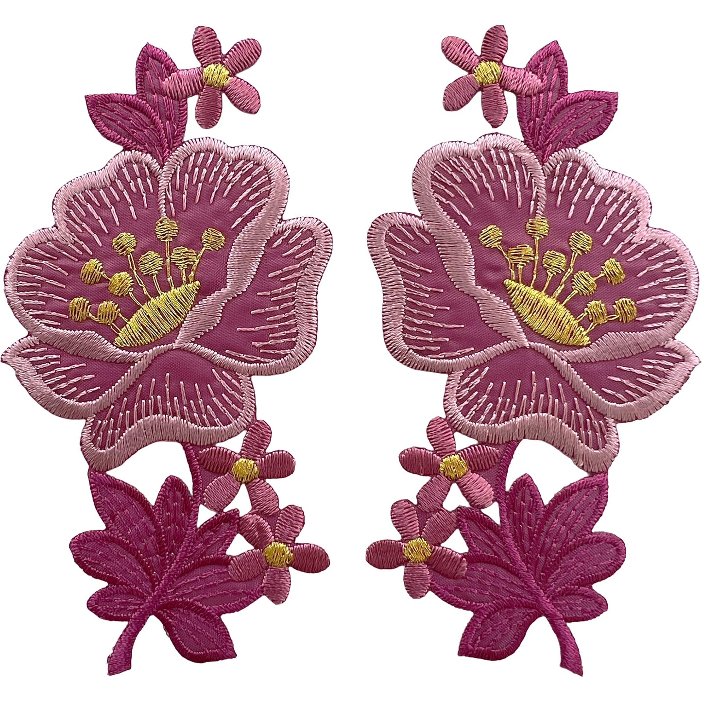 Pair of Pink Gold Flower Patches Iron Sew On Shirt Dress Bag Flowers Patch Badge