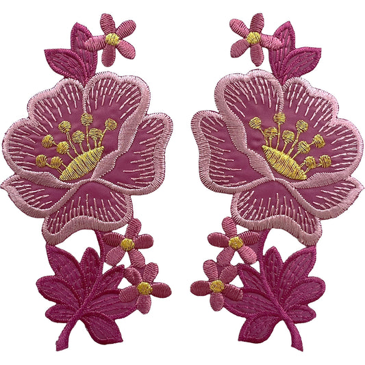 Pair of Pink Gold Flower Patches Iron Sew On Shirt Dress Bag Flowers Patch Badge