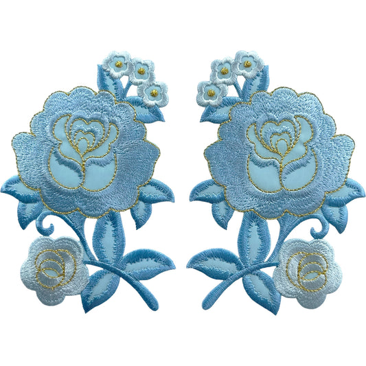 Pair of Blue Flower Patches Iron Sew On Dress T Shirt Skirt Flowers Patch Badge