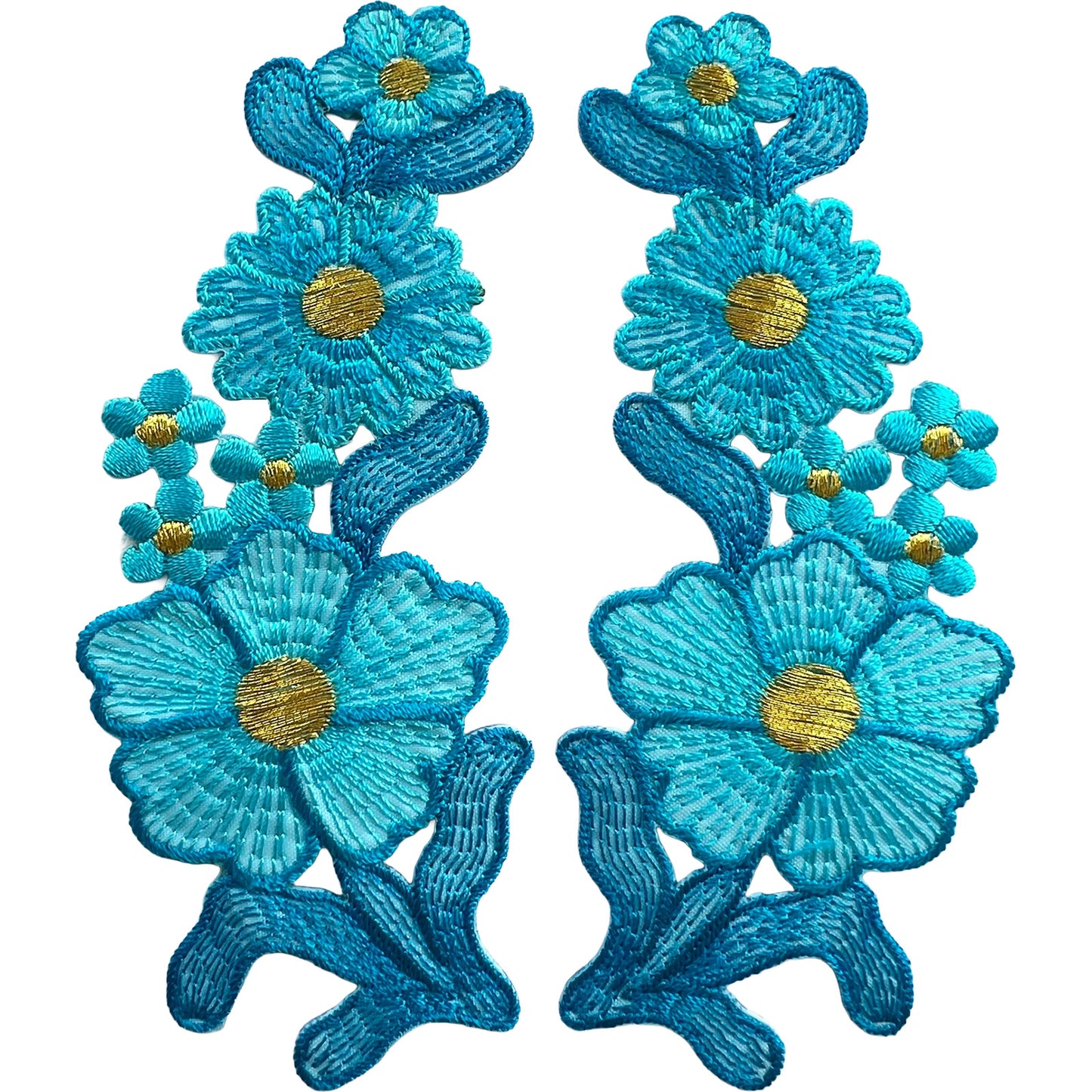 Pair of Turquoise Blue Flower Patches Iron On Sew On Clothes Flowers Patch Badge