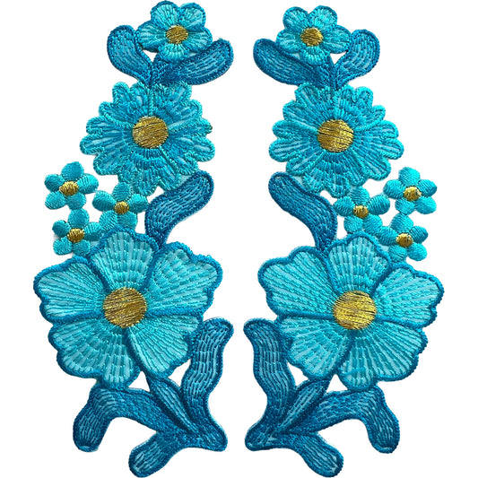 Pair of Turquoise Blue Flower Patches Iron On Sew On Clothes Flowers Patch Badge
